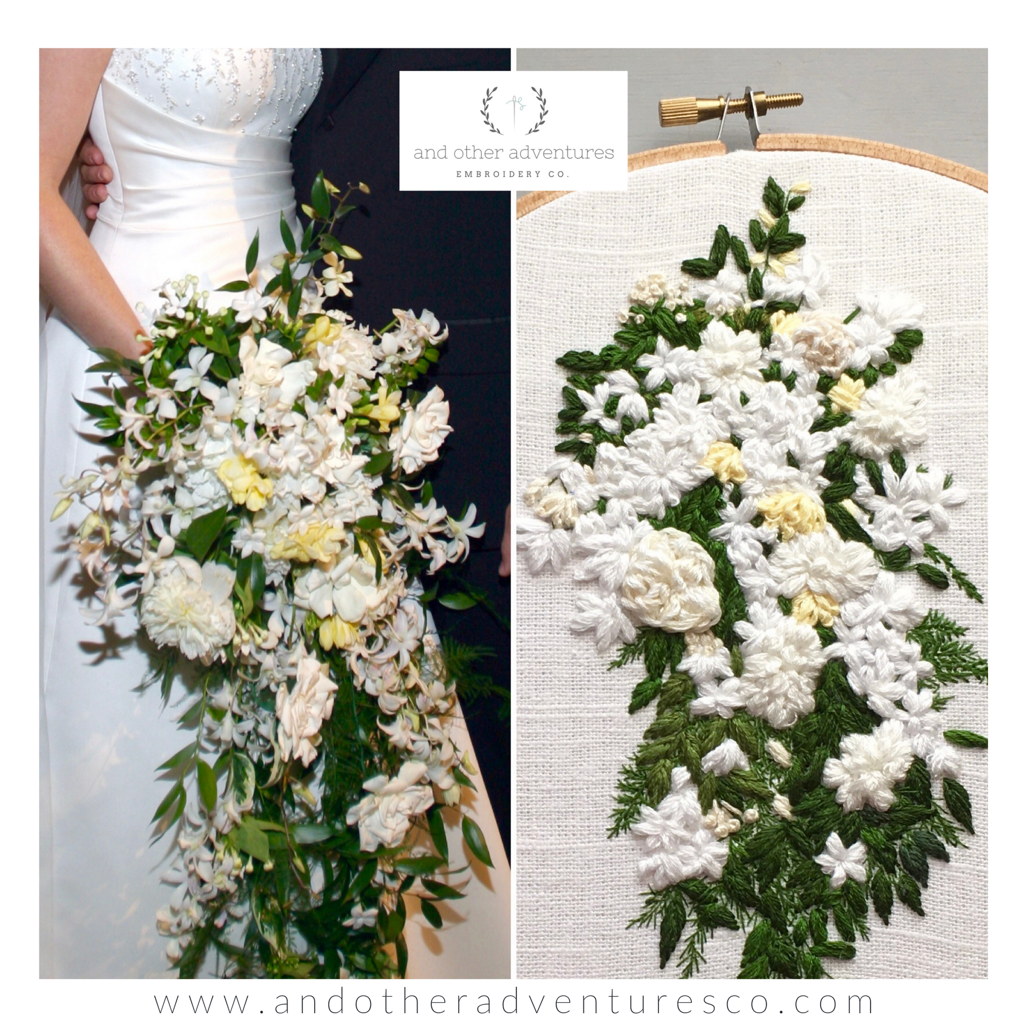 Cascading white wedding bouquet embroidery by And Other Adventures Embroidery Co