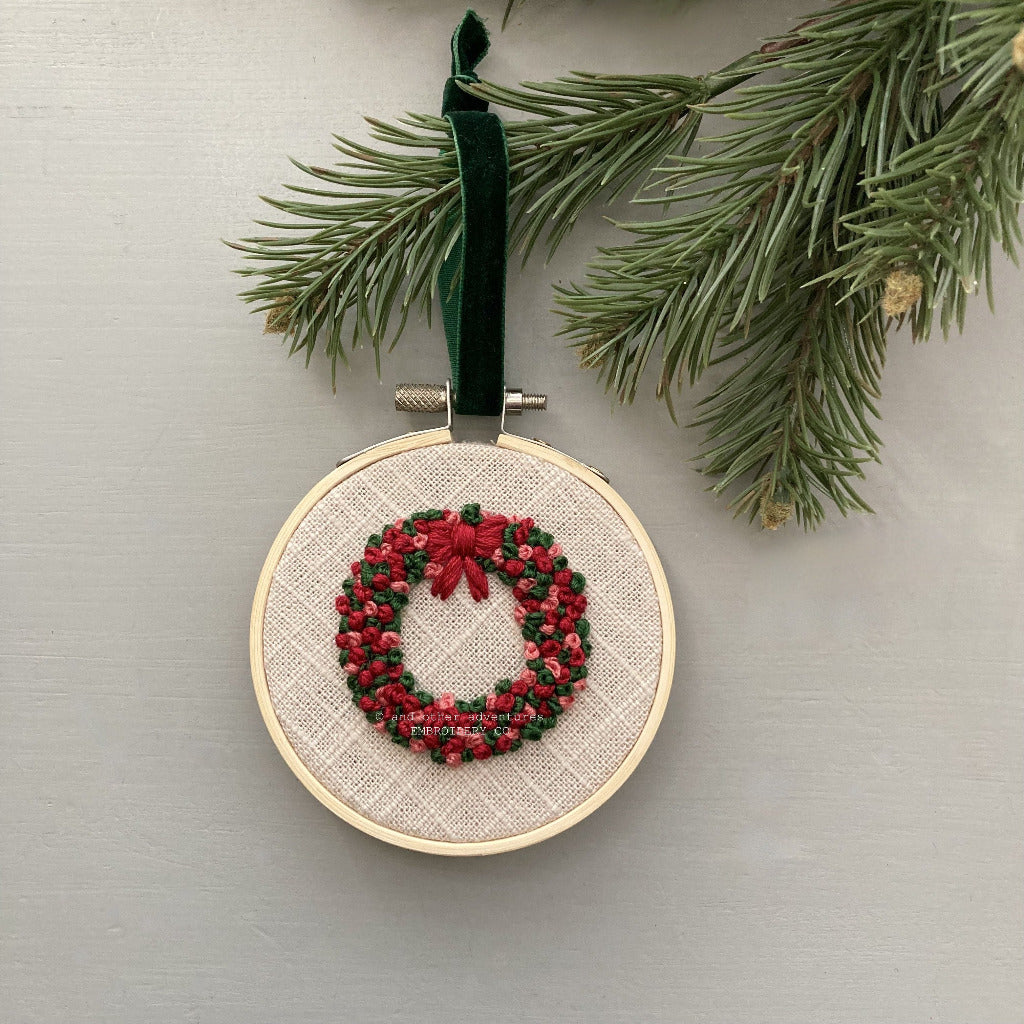 Christmas Wreath Embroidered Ornament - Red & Pink | And Other Adventures Embroidery Co