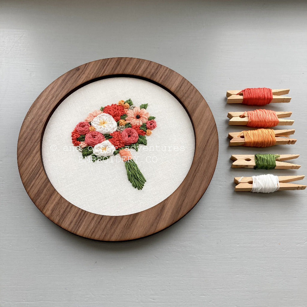 9" Elegant Coral Embroidered Bouquet Art - Framed | And Other Adventures Embroidery Co