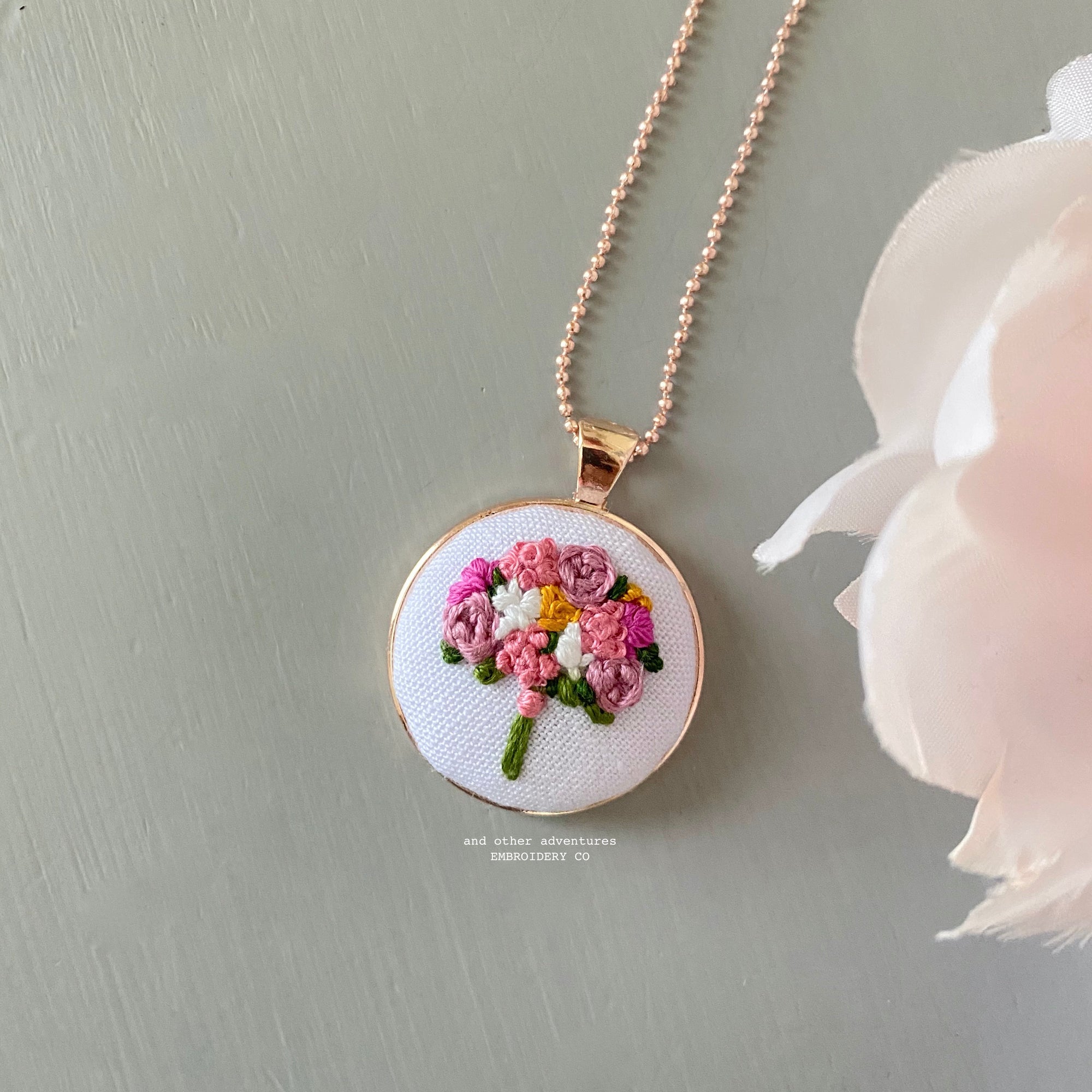 Rose Gold Pink Florals Embroidery Necklace by And Other Adventures Embroidery Co