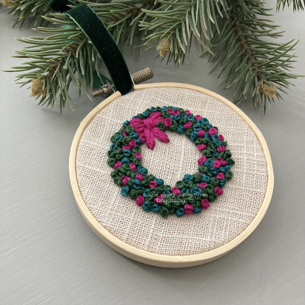 Holiday Wreath Embroidered Ornament - Teal & Pink