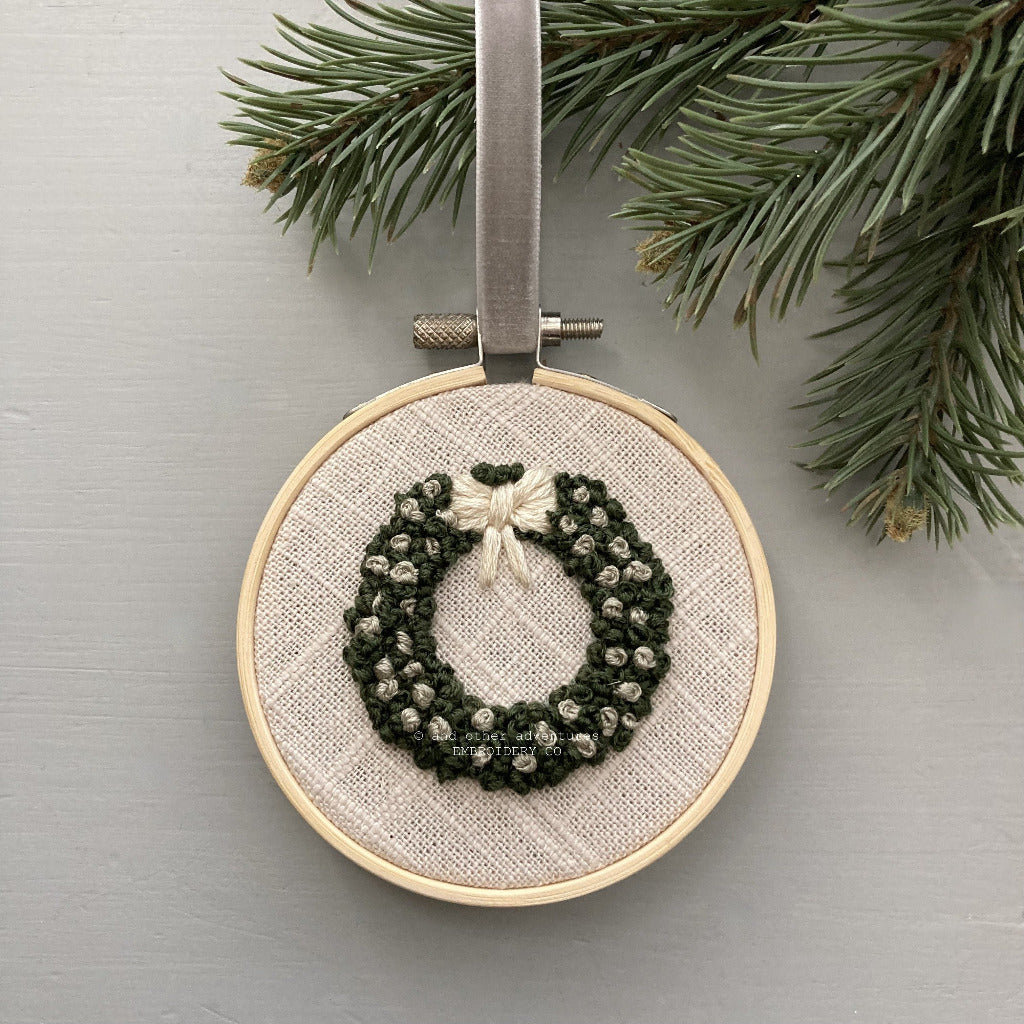 Holiday Wreath Embroidered Ornament - Ivory & Green | And Other Adventures Embroidery Co