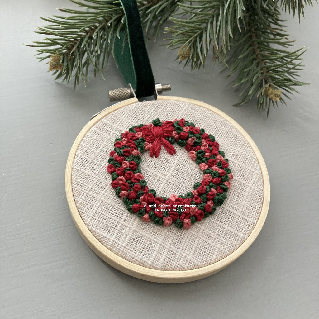 Holiday Wreath Embroidered Ornament - Red &amp; Pink | And Other Adventures Embroidery Co