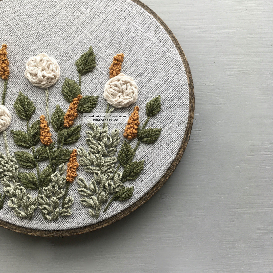 Green and Gold Hand Embroidered Floral Hoop Art | And Other Adventures Embroidery Co