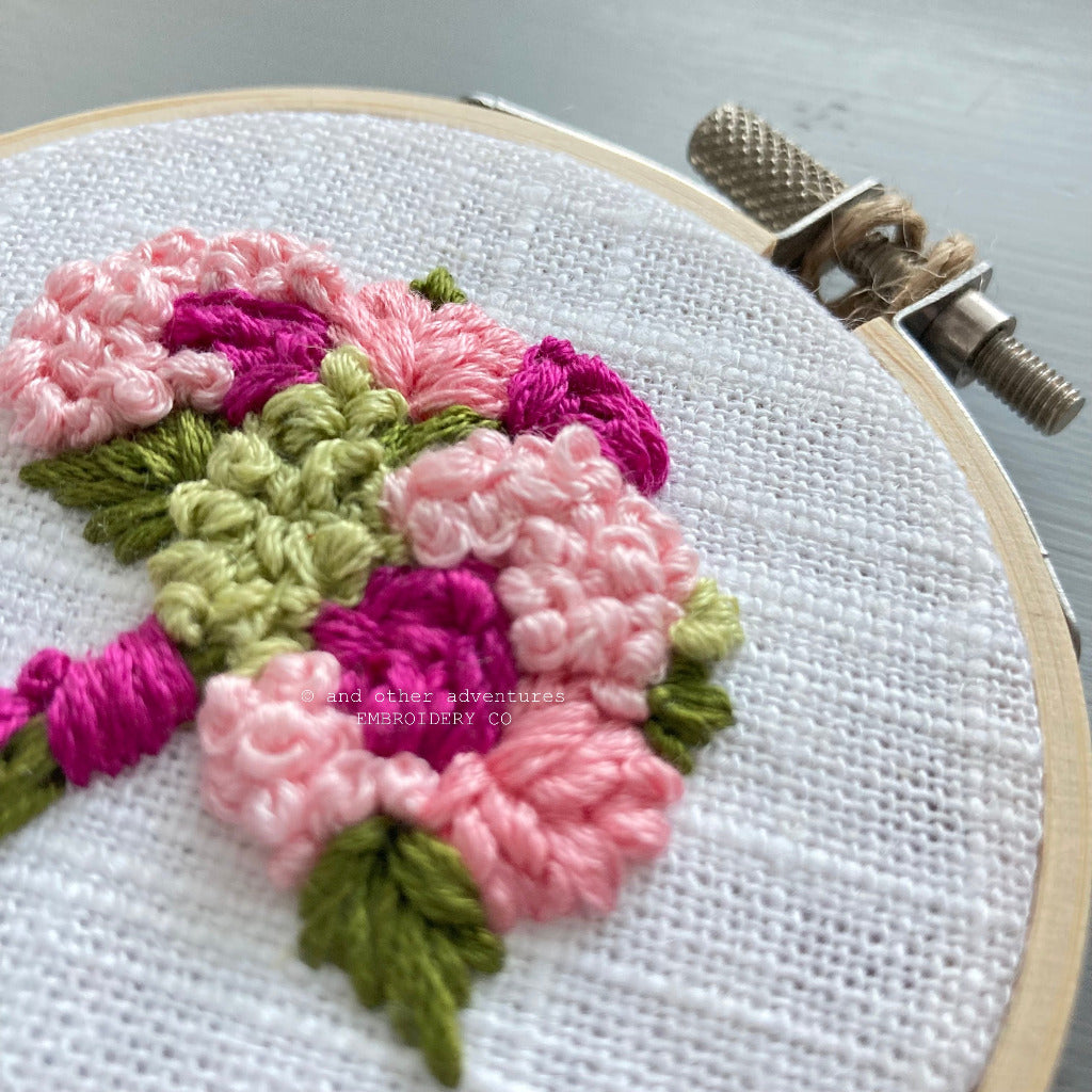 Hand Embroidered Pink Hydrangea Flower Bouquet Art | And Other Adventures Embroidery Co