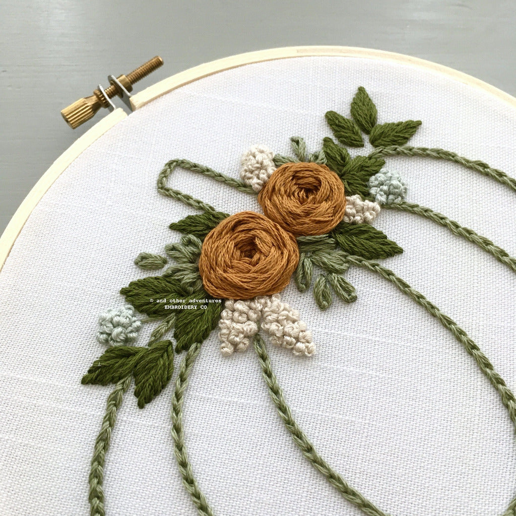 Hand Embroidery Kit - Green & Gold Floral Pumpkin - And Other Adventures  Embroidery Co