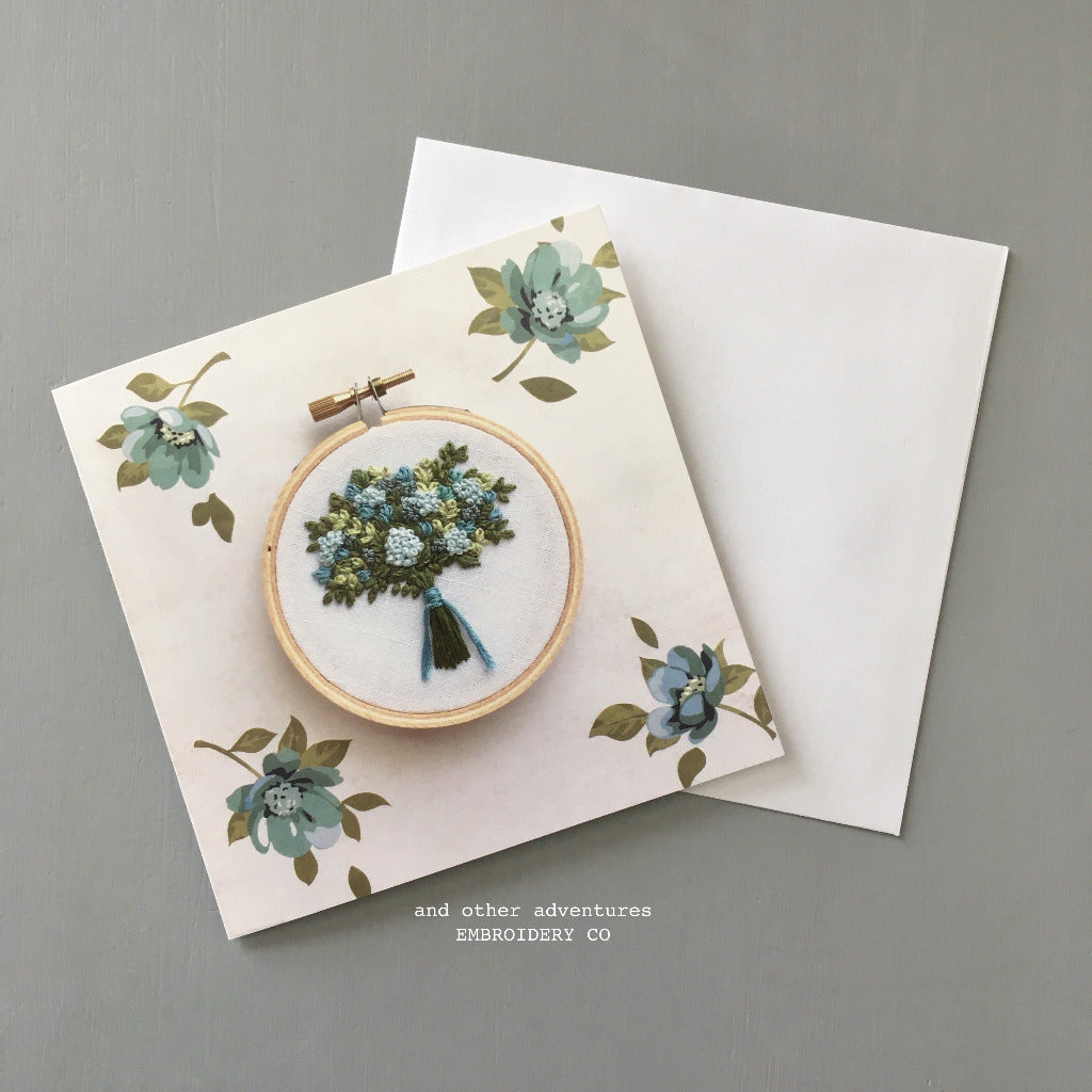 Aqua and Green Floral Bouquet Embroidery Hoop Note Card - And