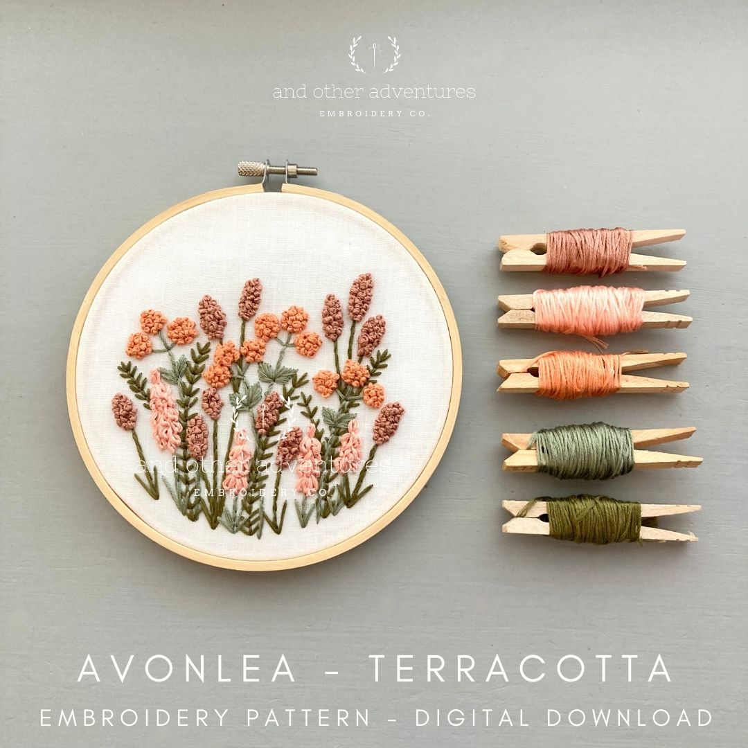 Avonlea Terracotta PDF embroidery pattern digital download, embroidered flowers tutorials by And Other Adventures Embroidery Co