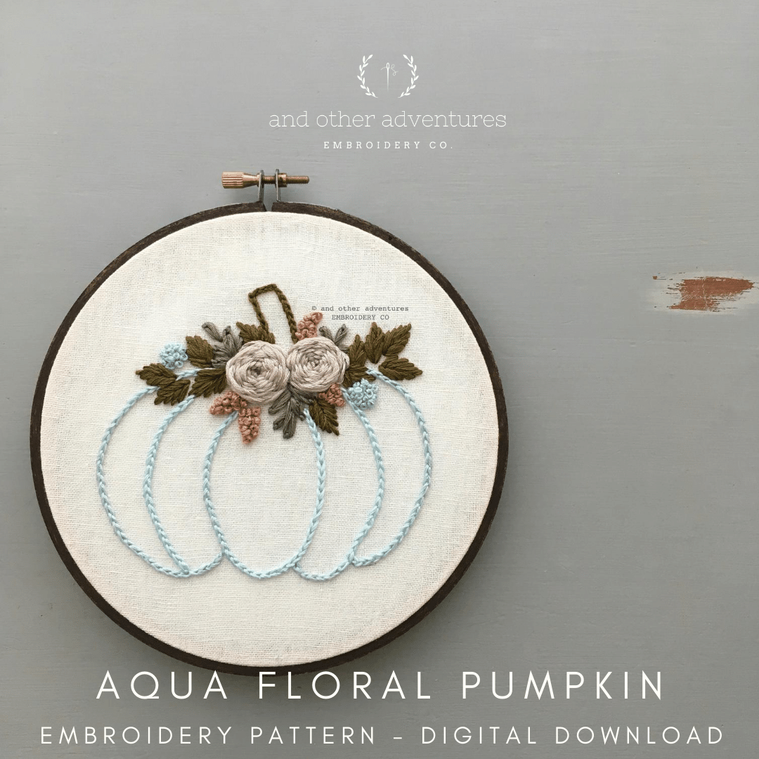 Aqua Floral Pumpkin Beginner Embroidery Pattern | And Other Adventures Embroidery Co