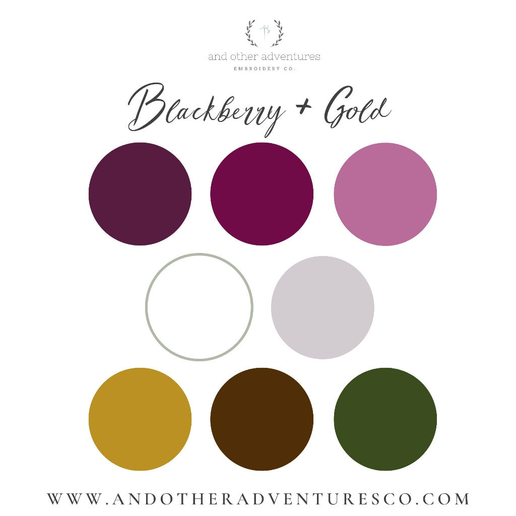Blackberry &amp; Gold Embroidery Floss Color Palette | And Other Adventures Embroidery Co