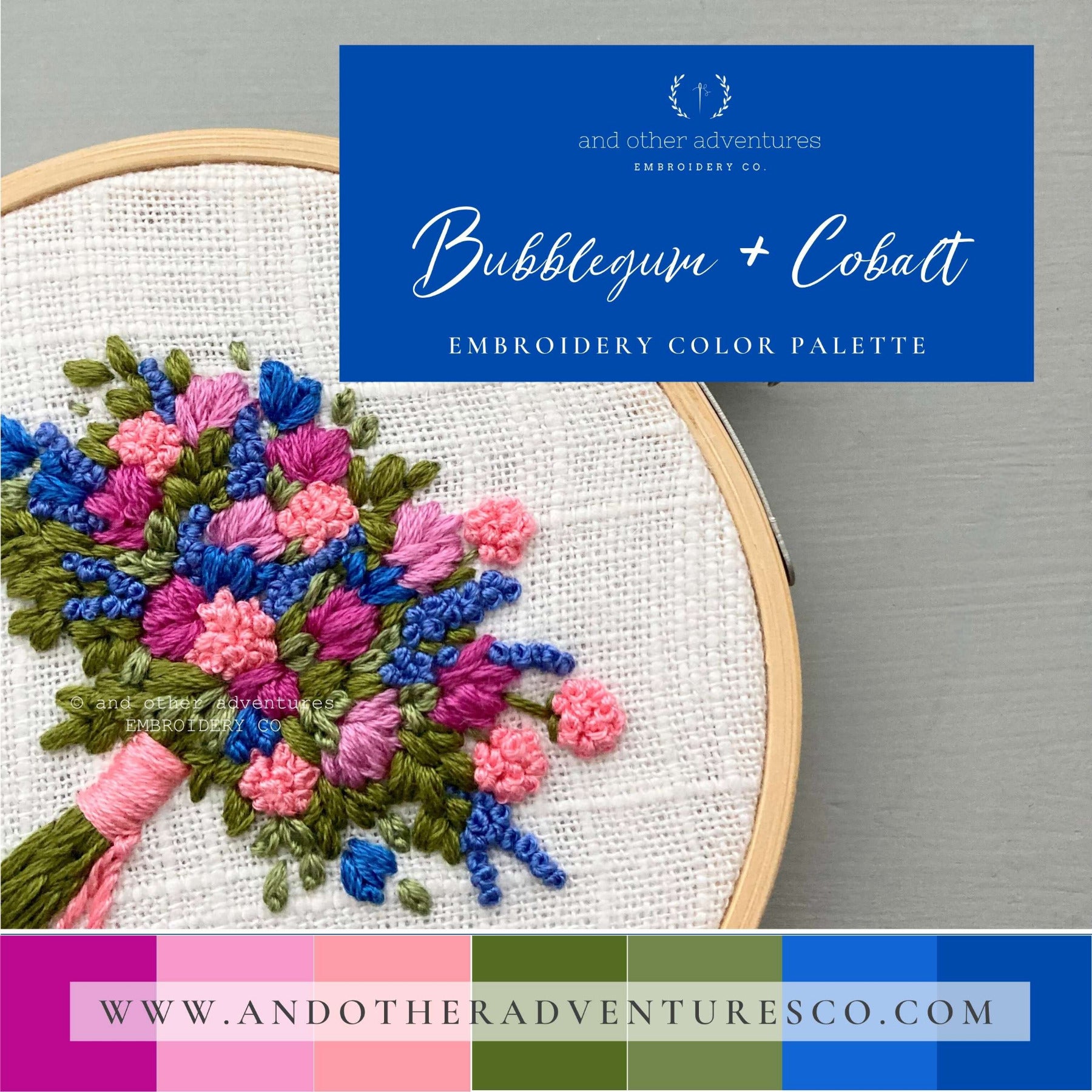 Bubblegum & Cobalt Embroidery Floss Color Palette | And Other Adventures Embroidery Co