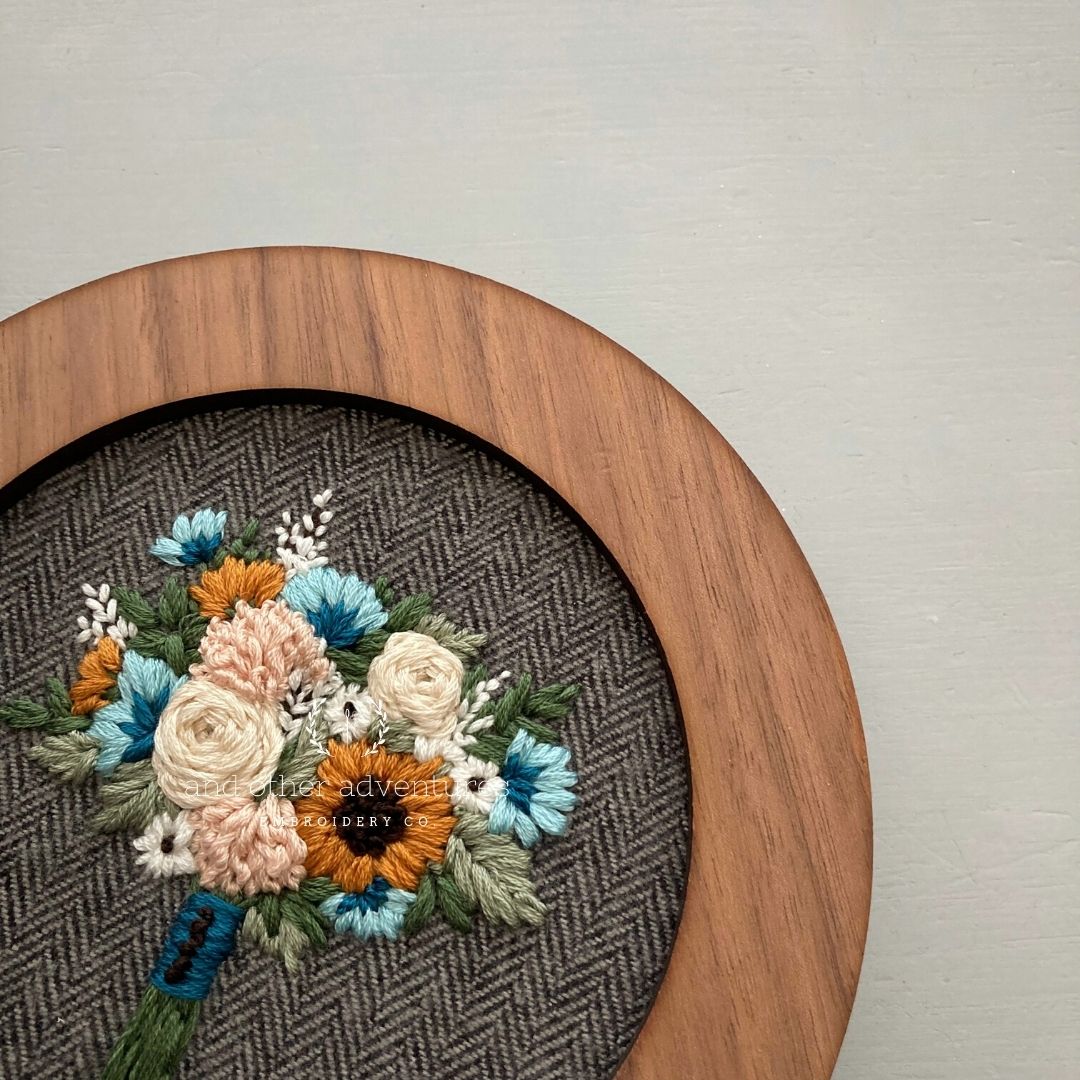 Hand Stitched Fall Bouquet on herringbone by And Other Adventures Embroidery Co