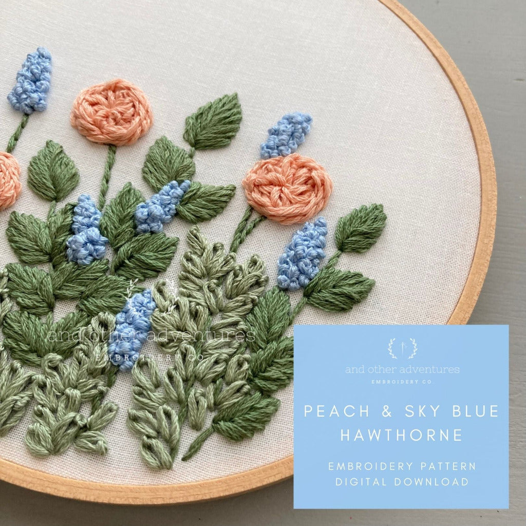 Peach and Sky Blue Hawthorne hand embroidery design | And Other Adventures Embroidery Co