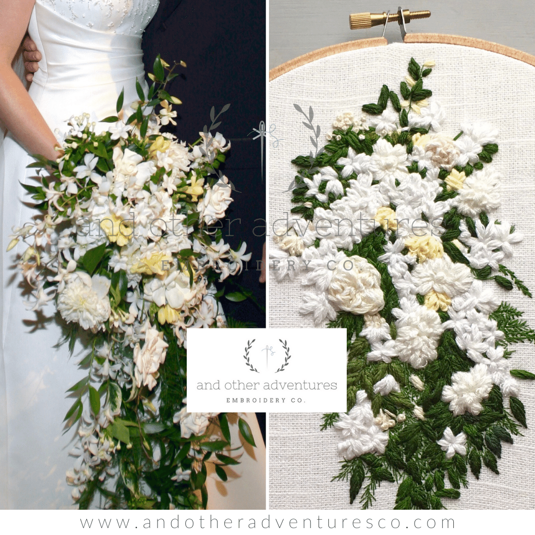 Cascading white bridal bouquet hand embroidery art | And Other Adventures Embroidery Co