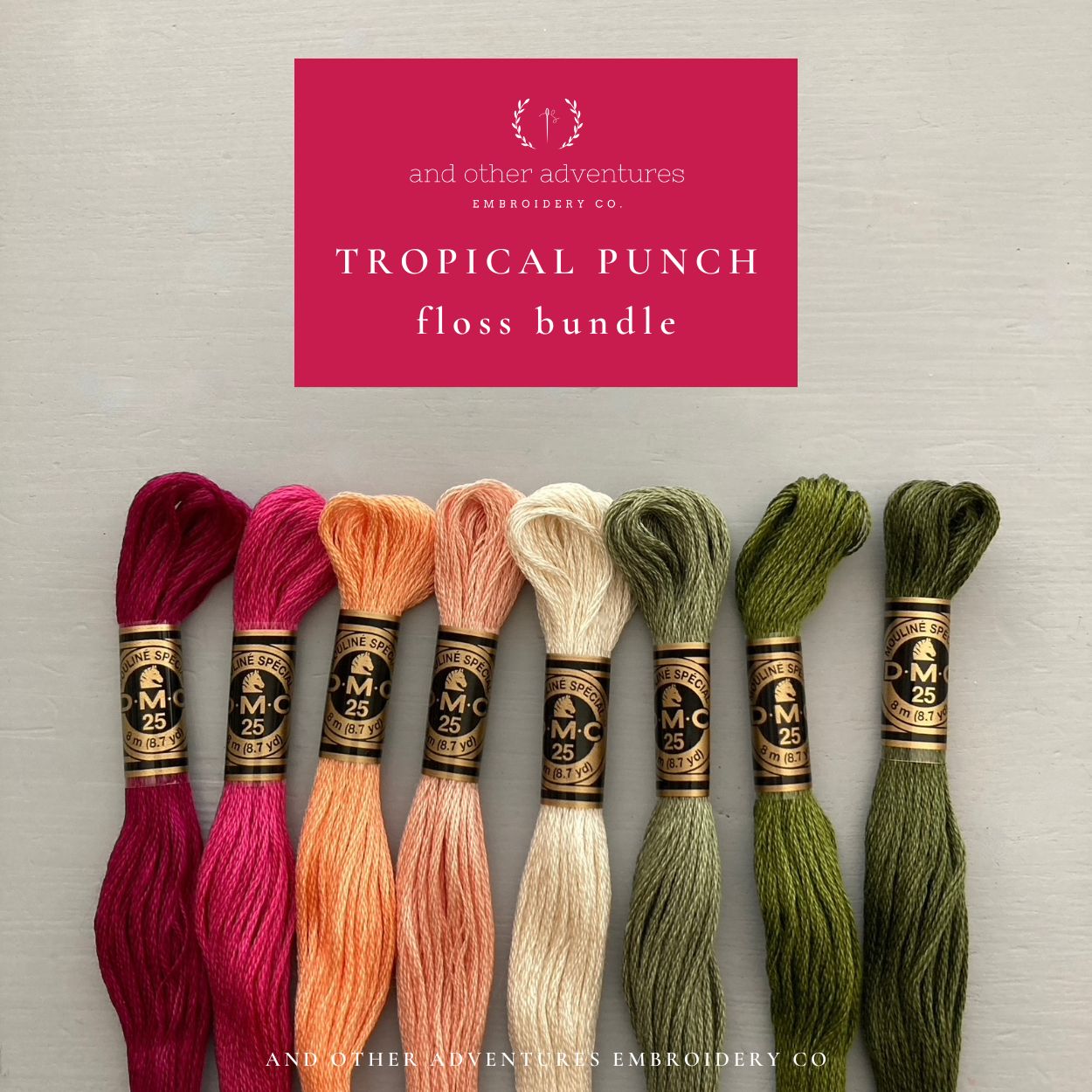 This Tropical Punch embroidery DMC floss bundle is bursting with color! 8 curated thread colors by And Other Adventures Embroidery Co