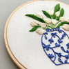 Hand Embroidered Blue Ginger Jar design with White Tulips, Embroidery Hoop ART DIY Kit by And Other Adventures Embrodiery Co