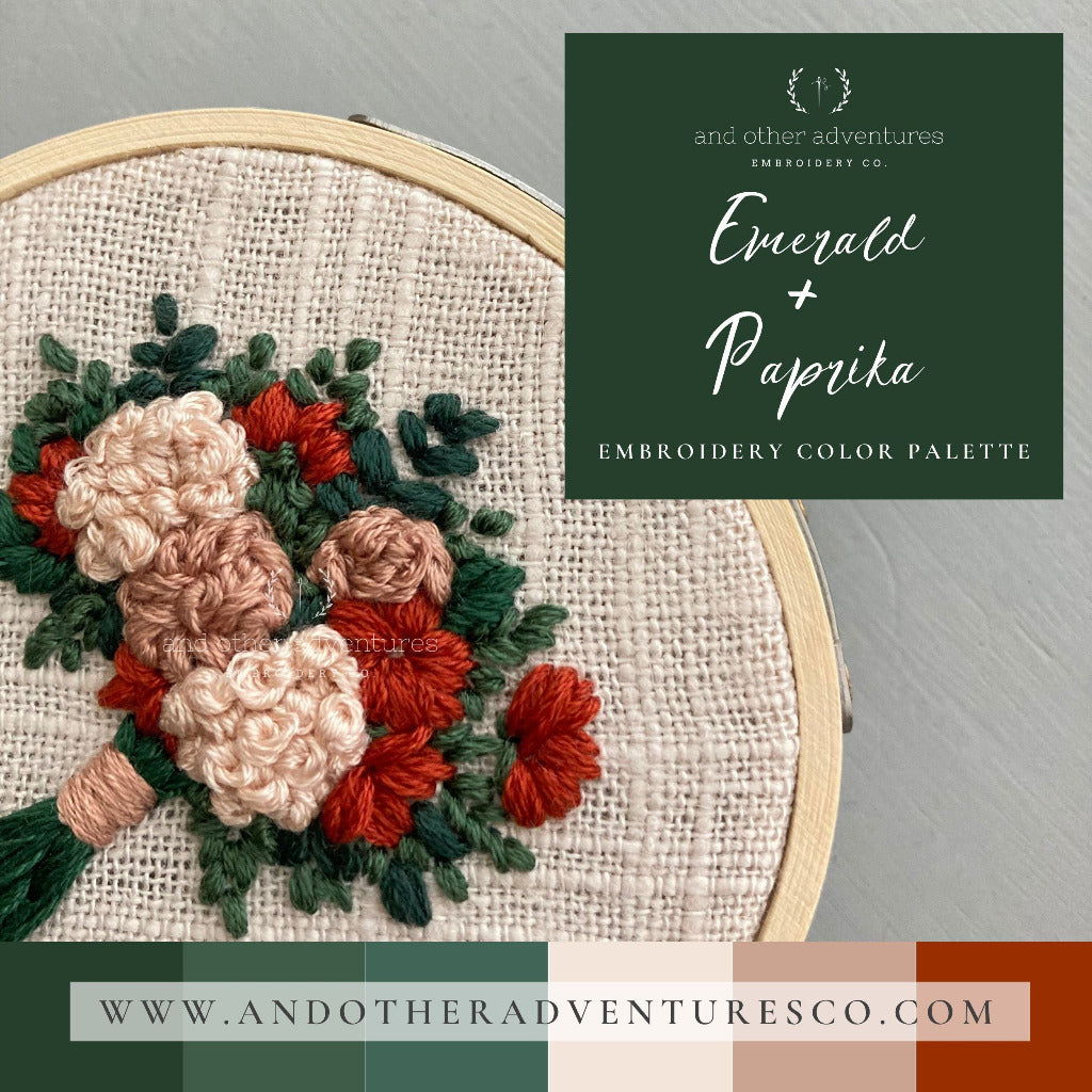 Embroidery floss color palettes to help you with your next hand embroidery project - Emerald + Paprika - And Other Adventures Embroidery Co