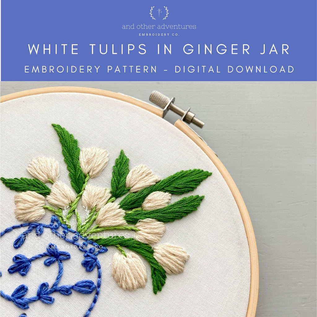 White Tulips in Ginger Jar Hand Embroidery Pattern Digital Download by And Other Adventures Embroidery Co