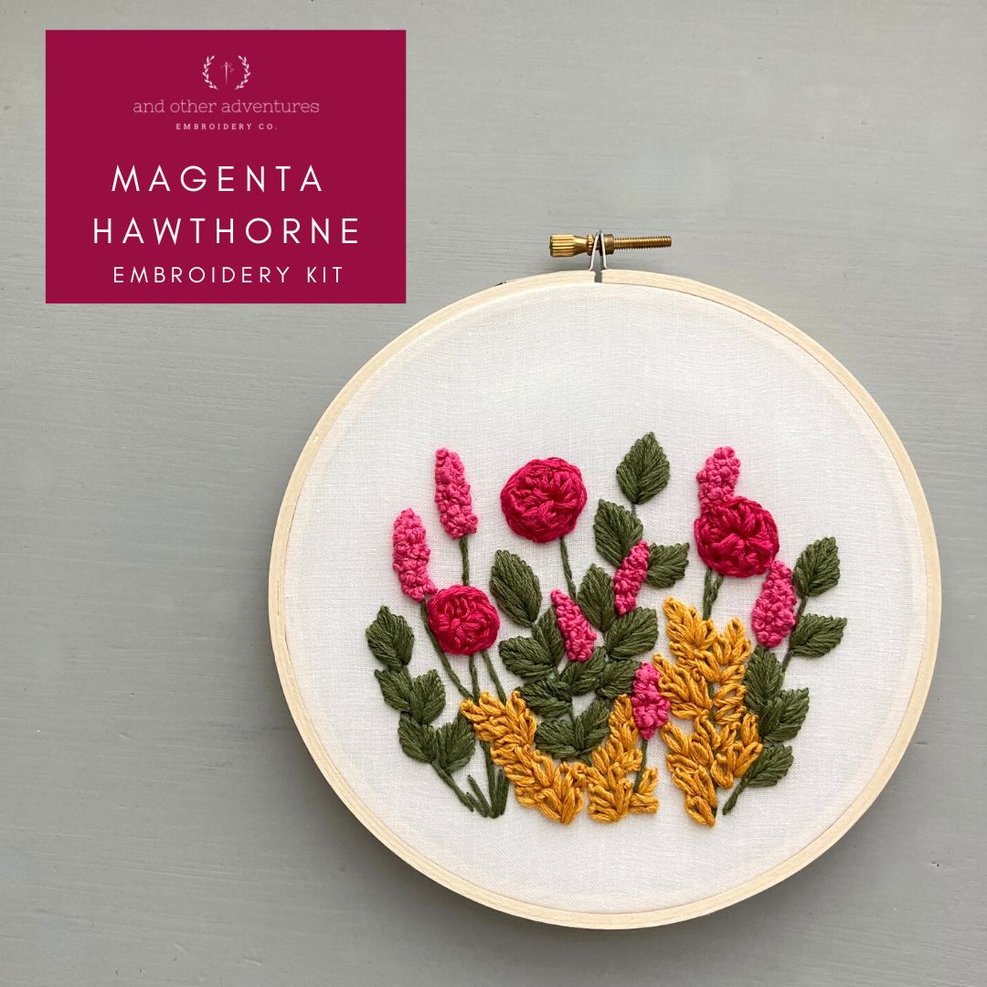 Hand Embroidery Kit, DIY Embroidery Hoop in shades of magenta, mustard yellow, and green by And Other Adventures Embroidery Co