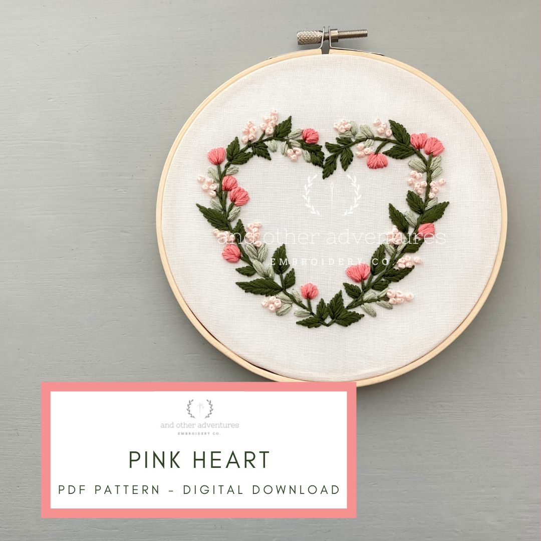 Pink Floral Heart hand embroidery PDF pattern for beginners, digital download by And Other Adventures Embroidery Co