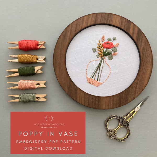 Hand Embroidery PDF Pattern - Poppy in Vase