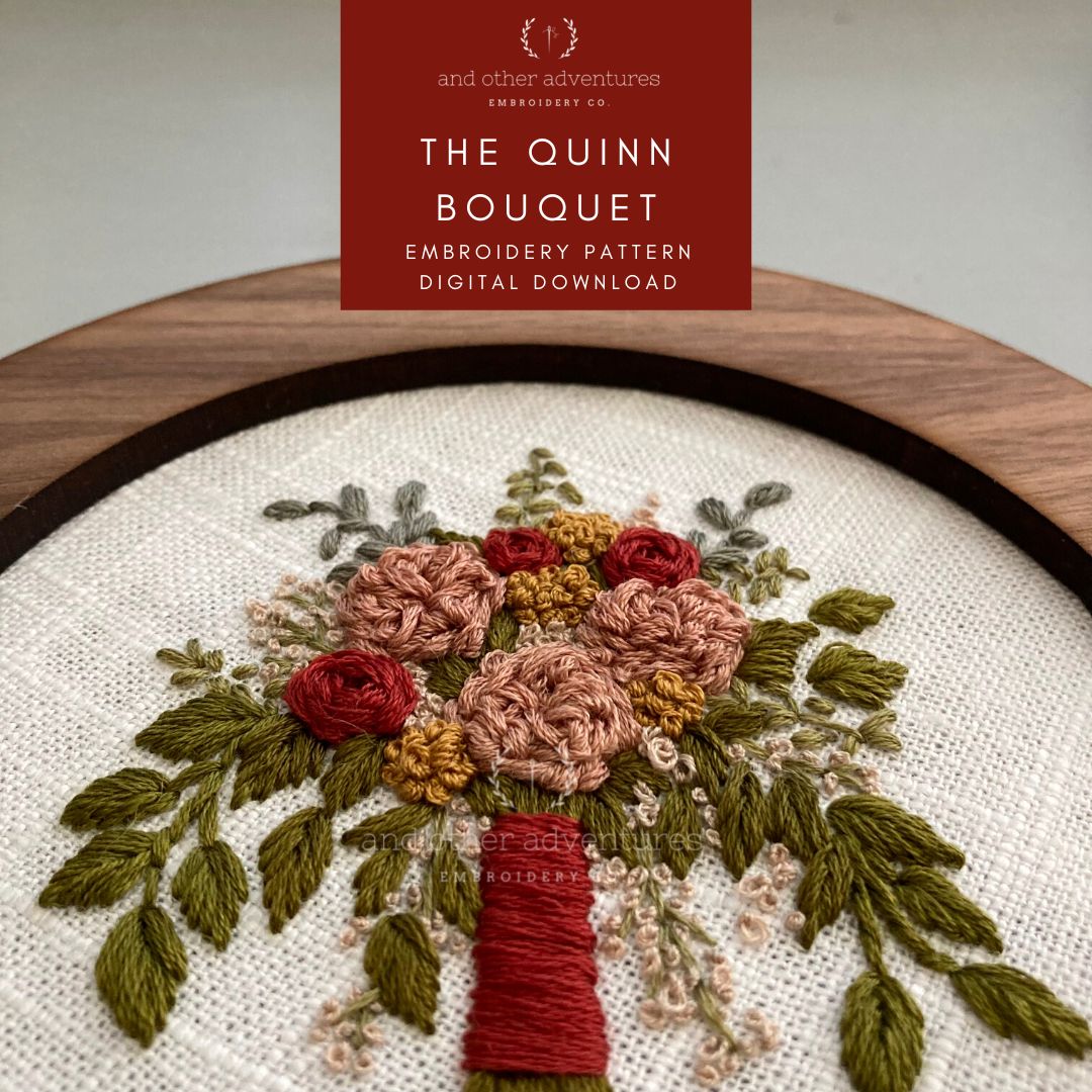 Copper, Mauve and Mustard gold hand embroidered bouquet pattern by And Other Adventures Embroidery Co