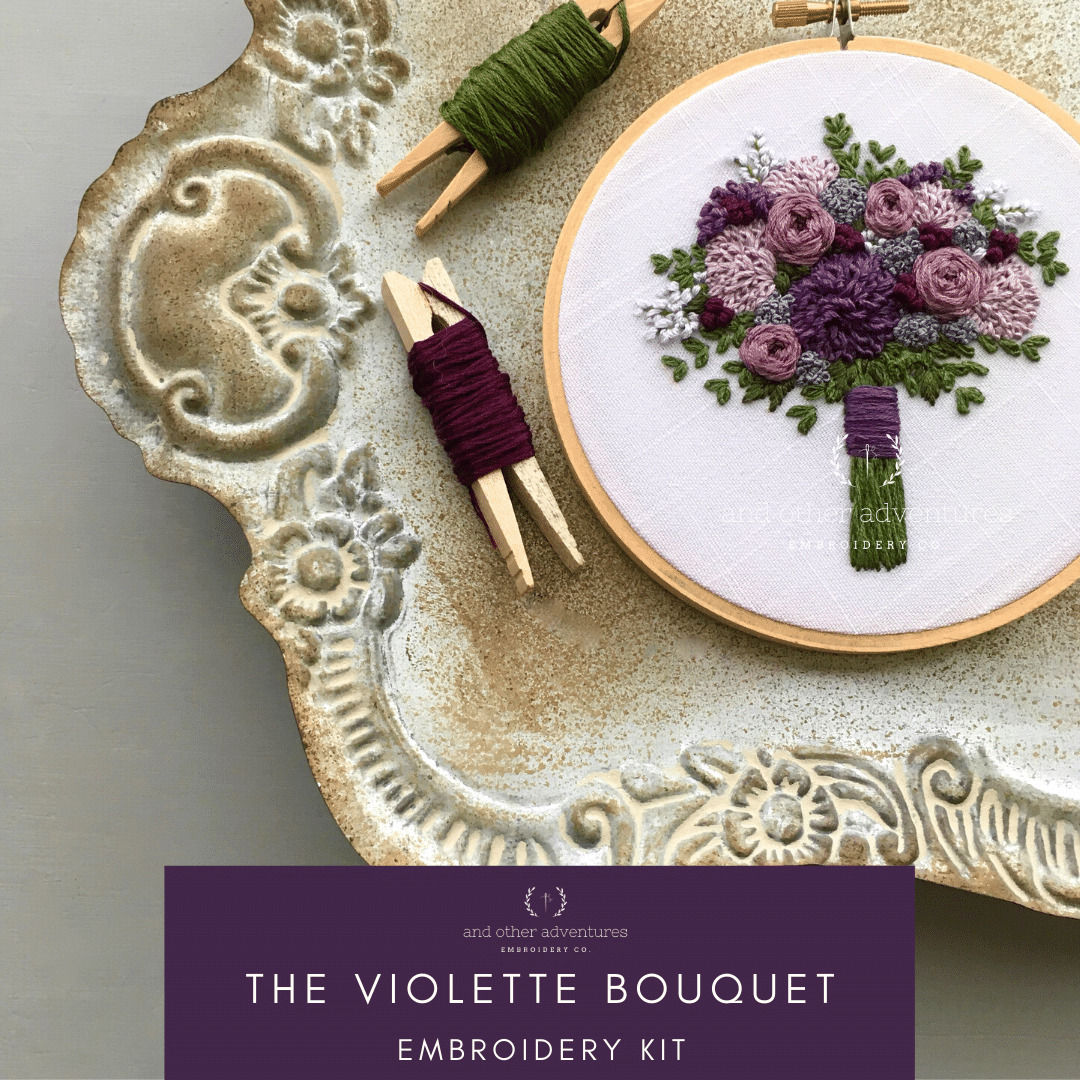 The Violette Bouquet Purple Florals Hand Embroidery Kit for Beginners | And Other Adventures Embroidery Co