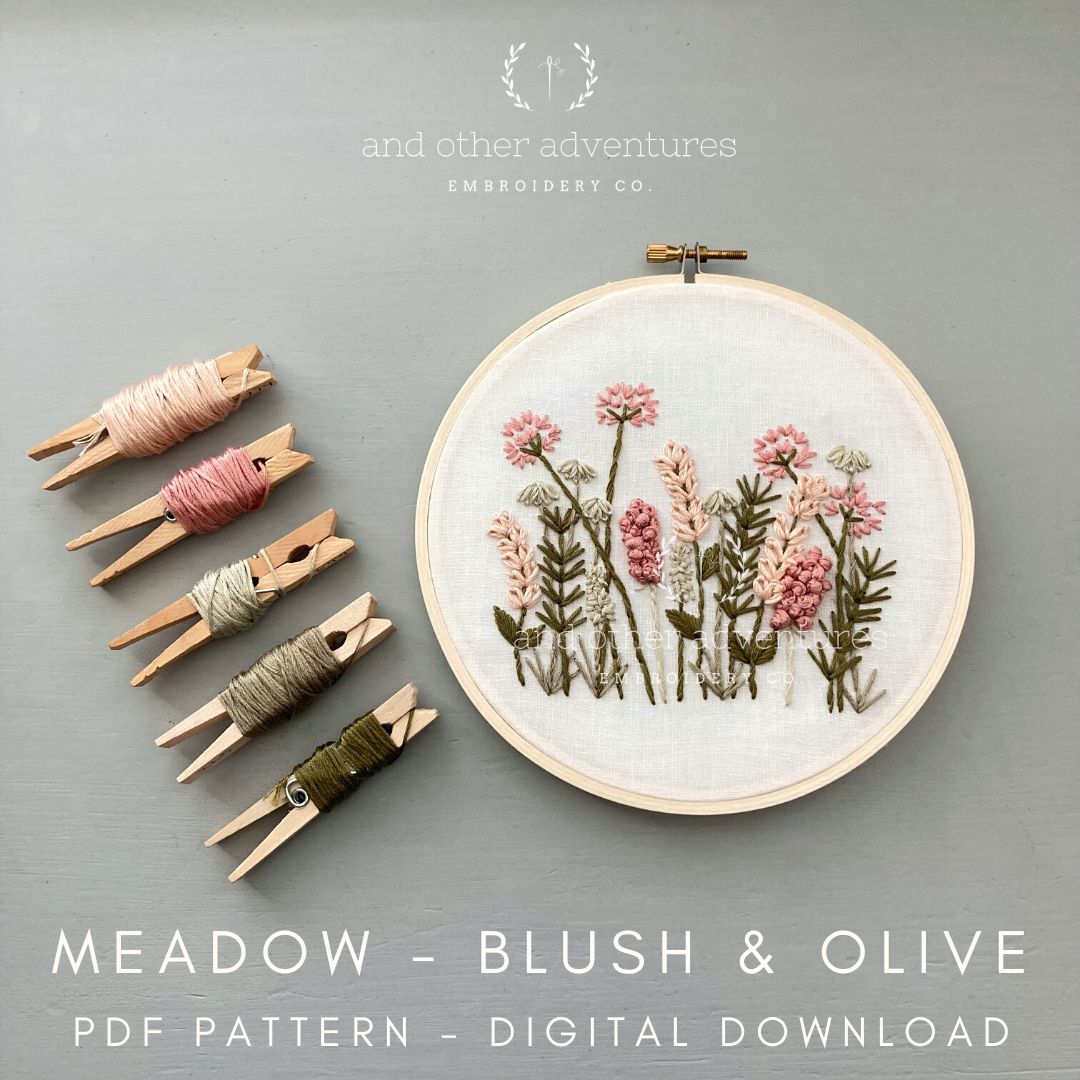 Hand Embroidery PDF Pattern - Meadow in Blush & Olive - And Other Adventures Embroidery Co for Free Printable Flower Embroidery Patterns