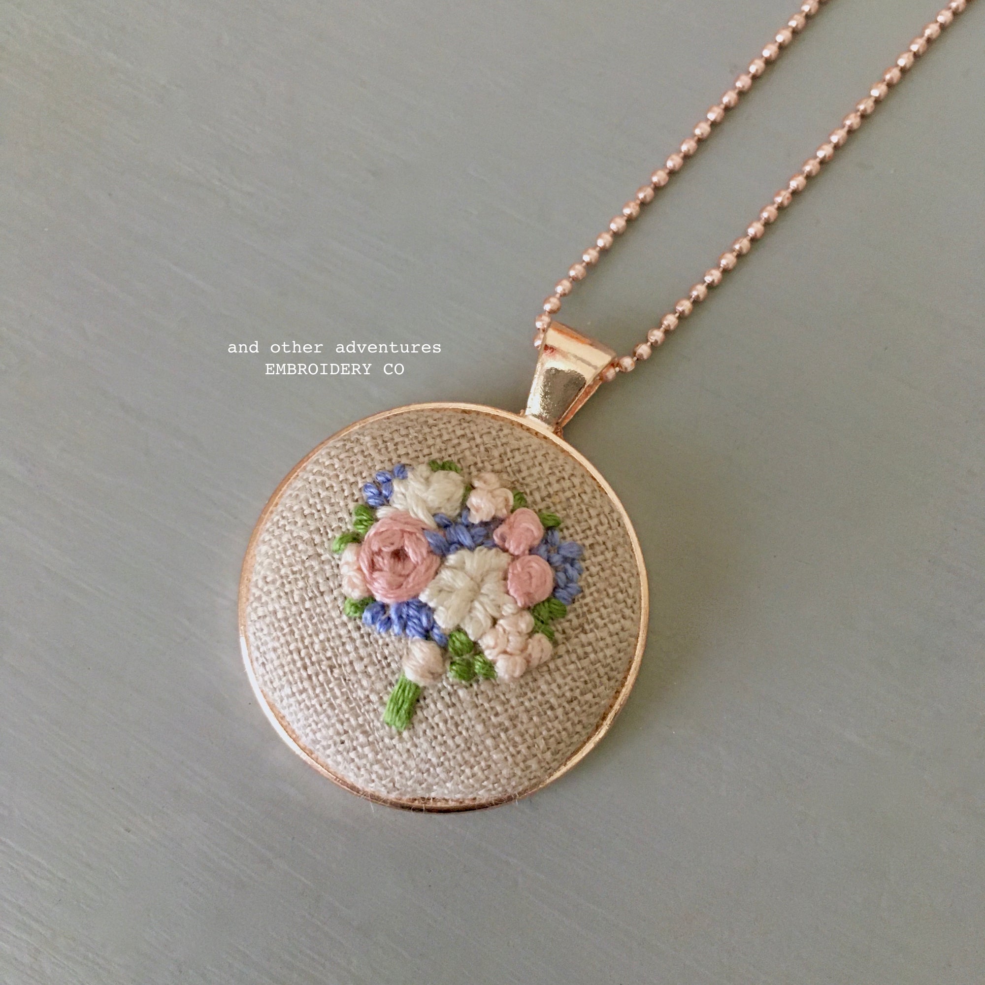 Blush and Periwinkle Rose Gold Embroidered Necklace