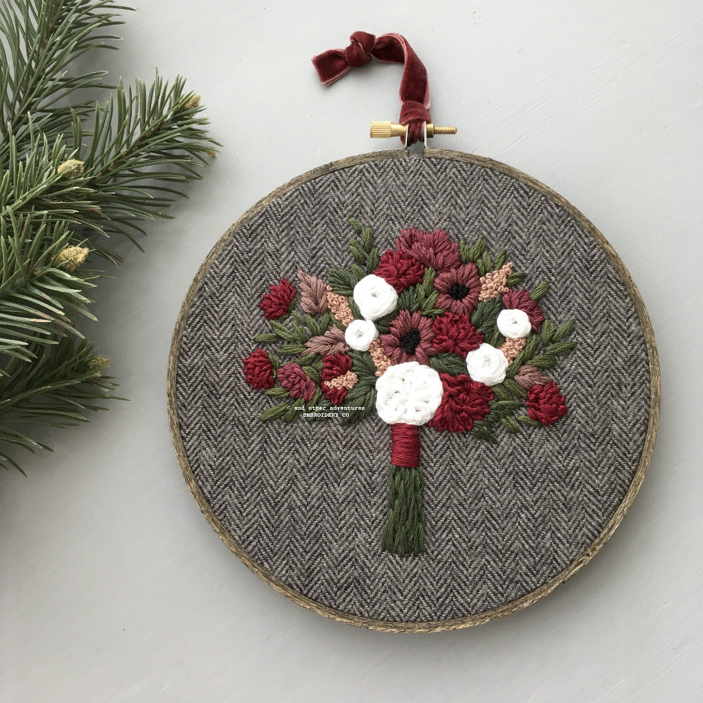 Hand Embroidered Crimson Floral Holiday Bouquet | And Other Adventures Embroidery Co