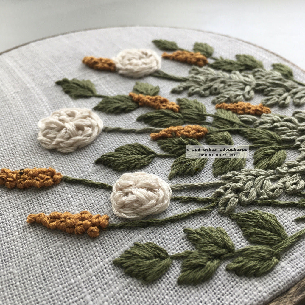 Green &amp; Gold Hawthorne Hand Embroidery Hoop Art Pattern | And Other Adventures Embroidery Co