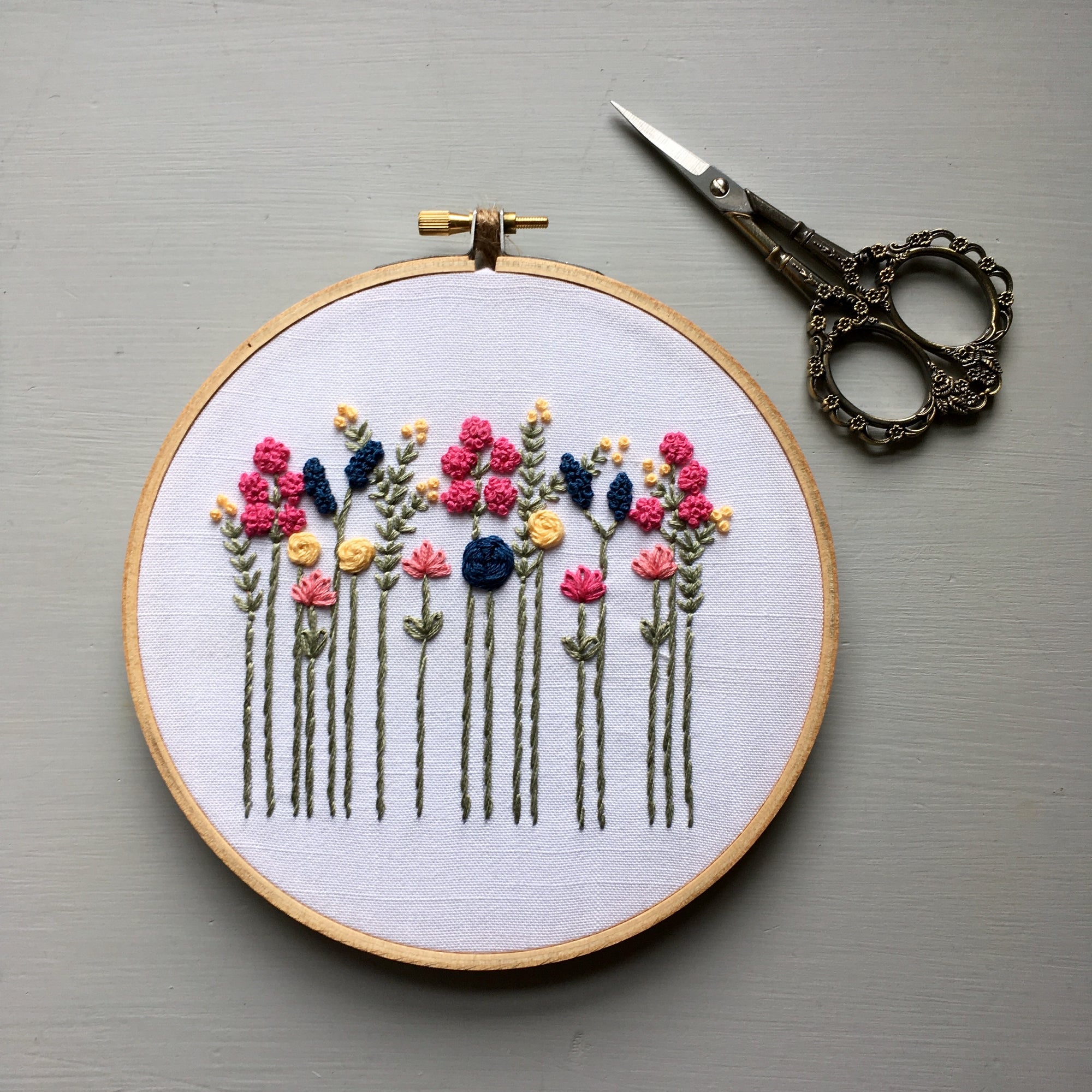 Hand Embroidery Pattern - Navy & Pink Wildflowers Digital Download