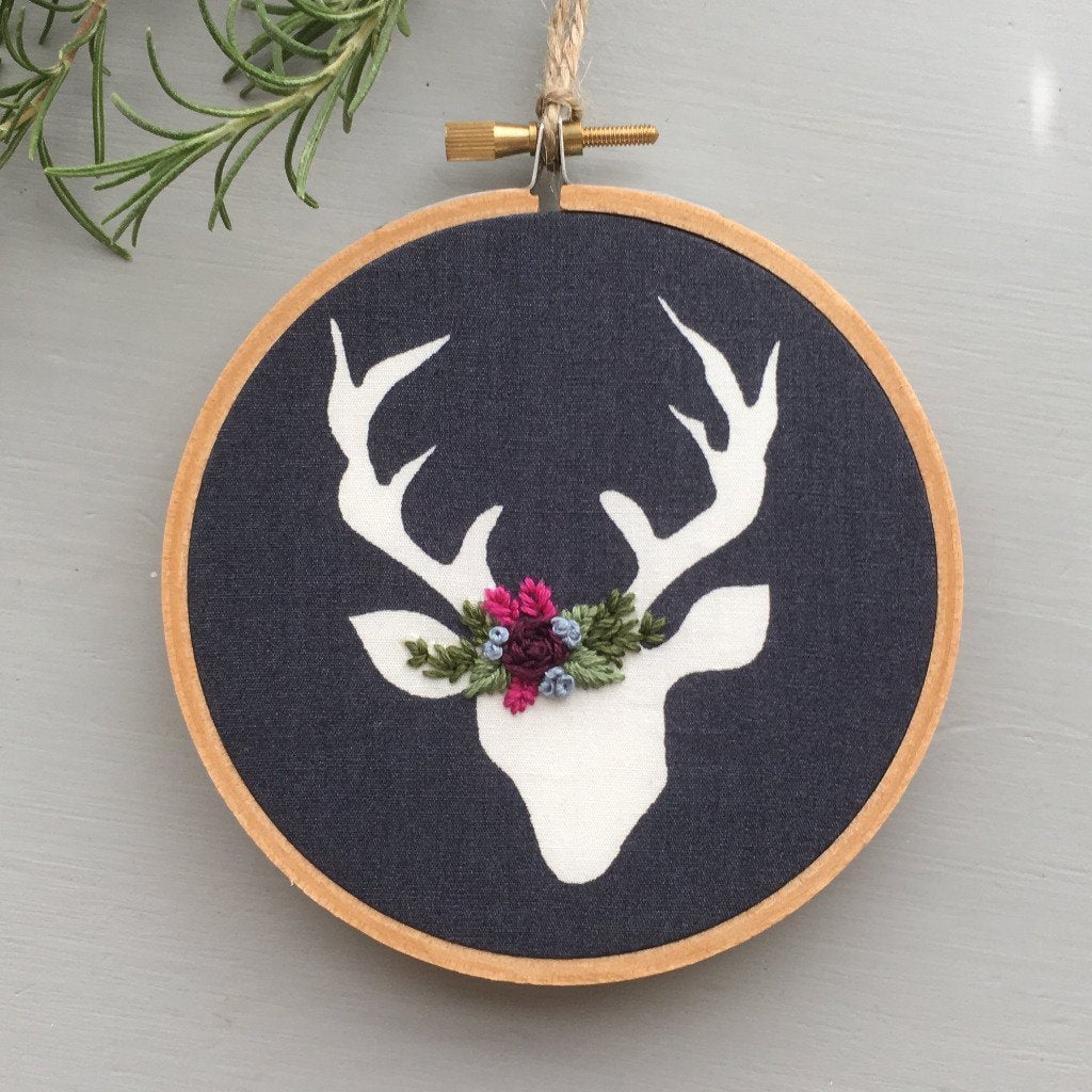 Hand embroidered deer ornament by And Other Adventures Embroidery Co