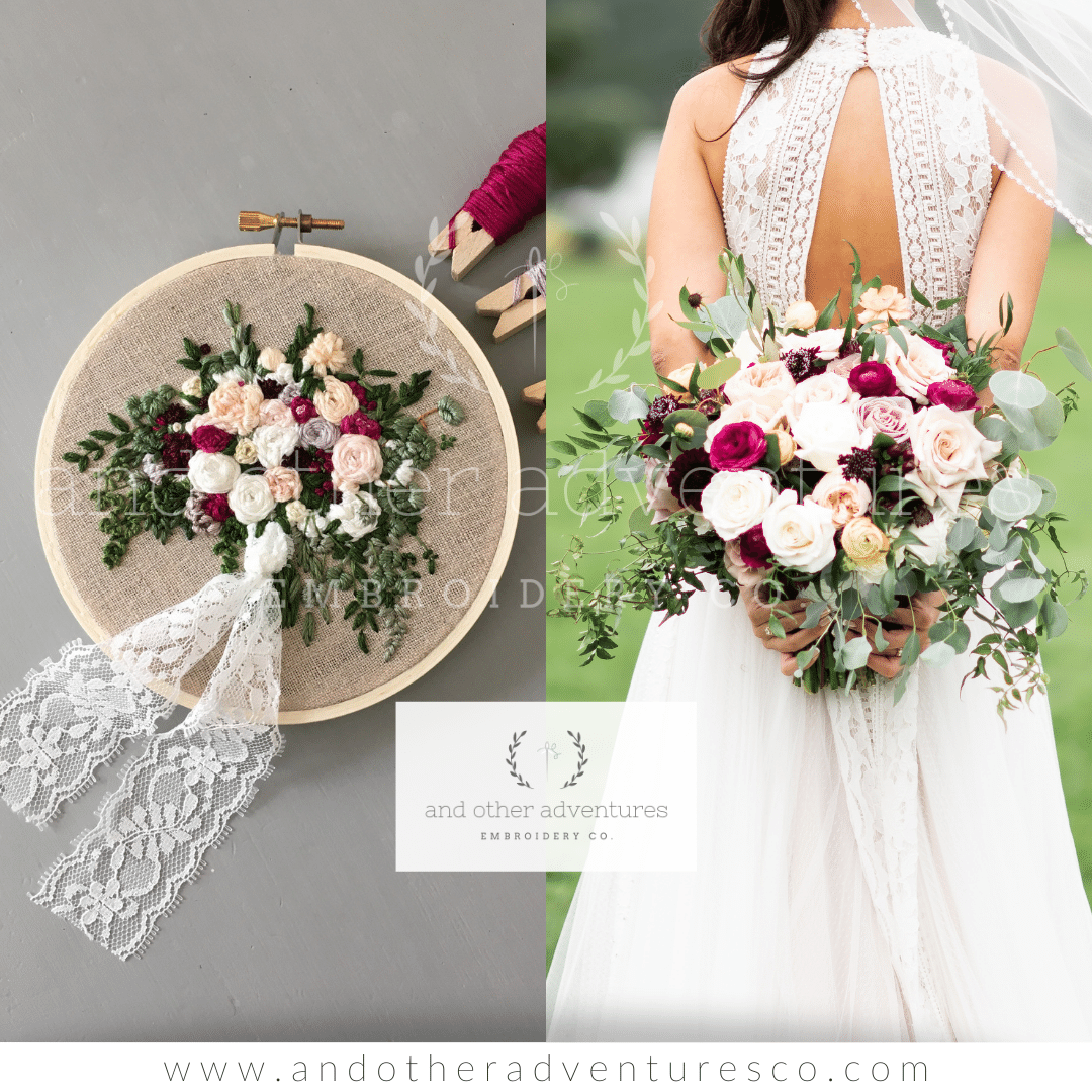 Hand Embroidered Wedding Bouquet Hoop Art with trailing lace | And Other Adventures Embroidery Co