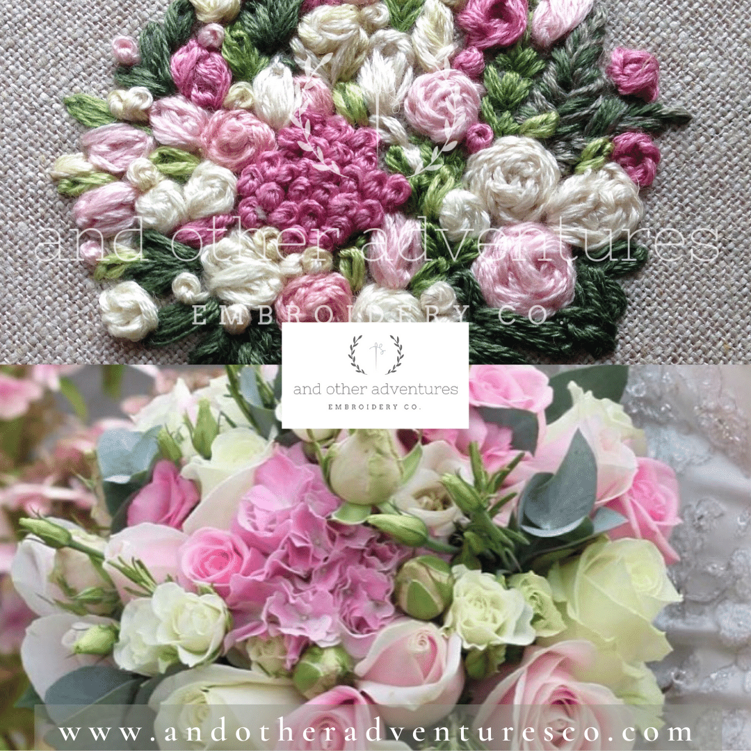 Pink and Ivory Hand Embroidered Flower Bouquet Wedding Gift | And Other Adventures Embroidery Co