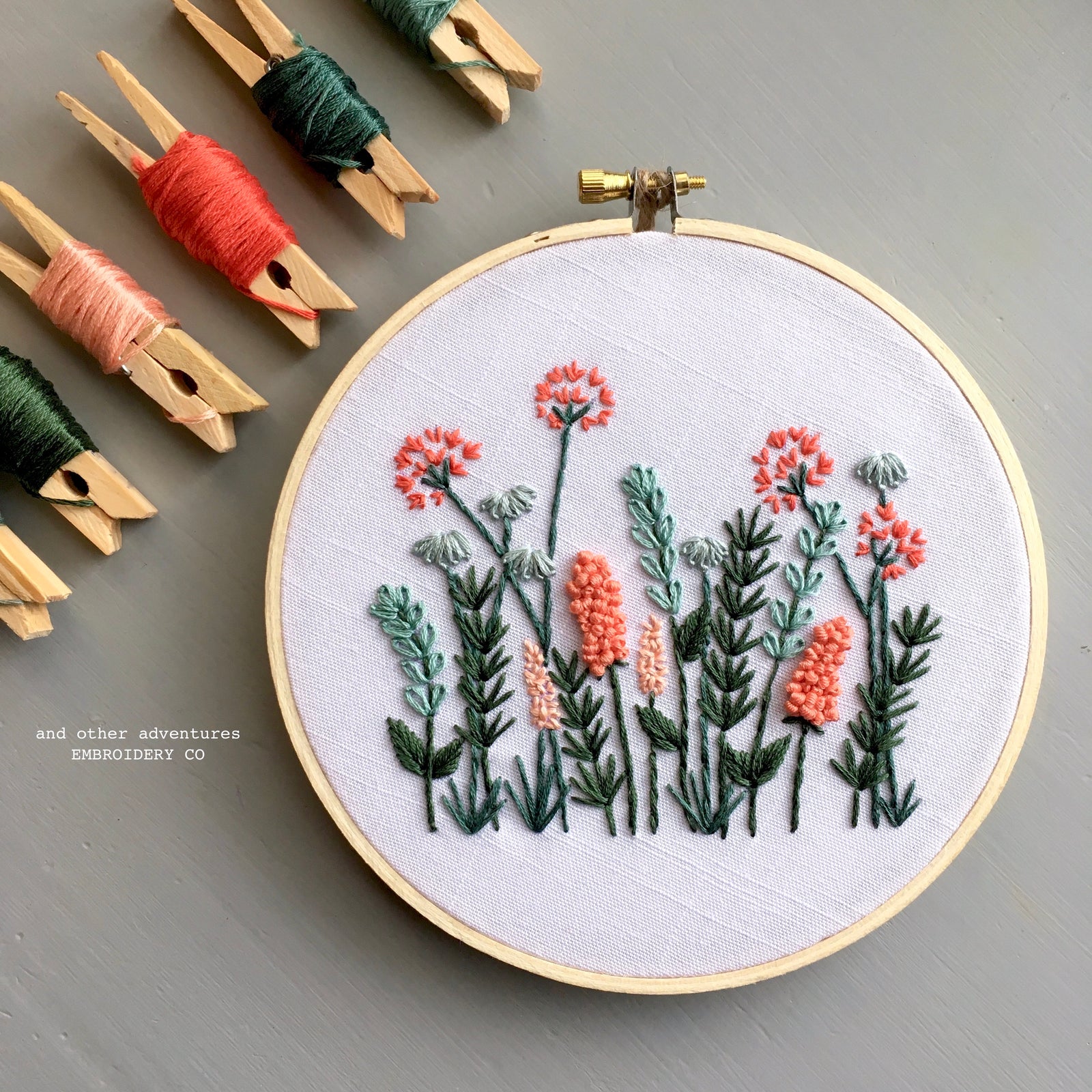 Coral and Mint Meadow Hand Embroidery Pattern - Digital Download