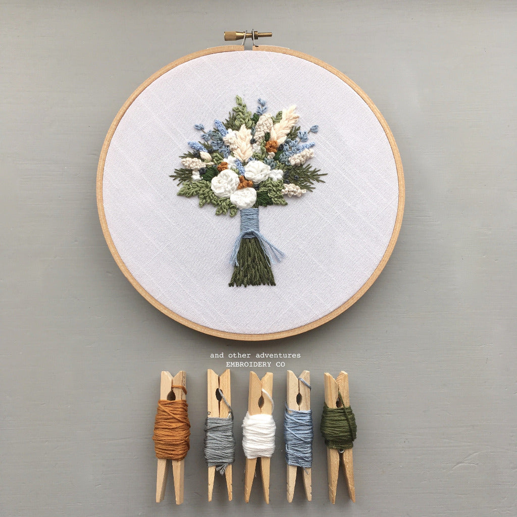 Pale Blue and Cream Floral Bouquet Hand Embroidered Hoop Art by And Other Adventures Embroidery Co