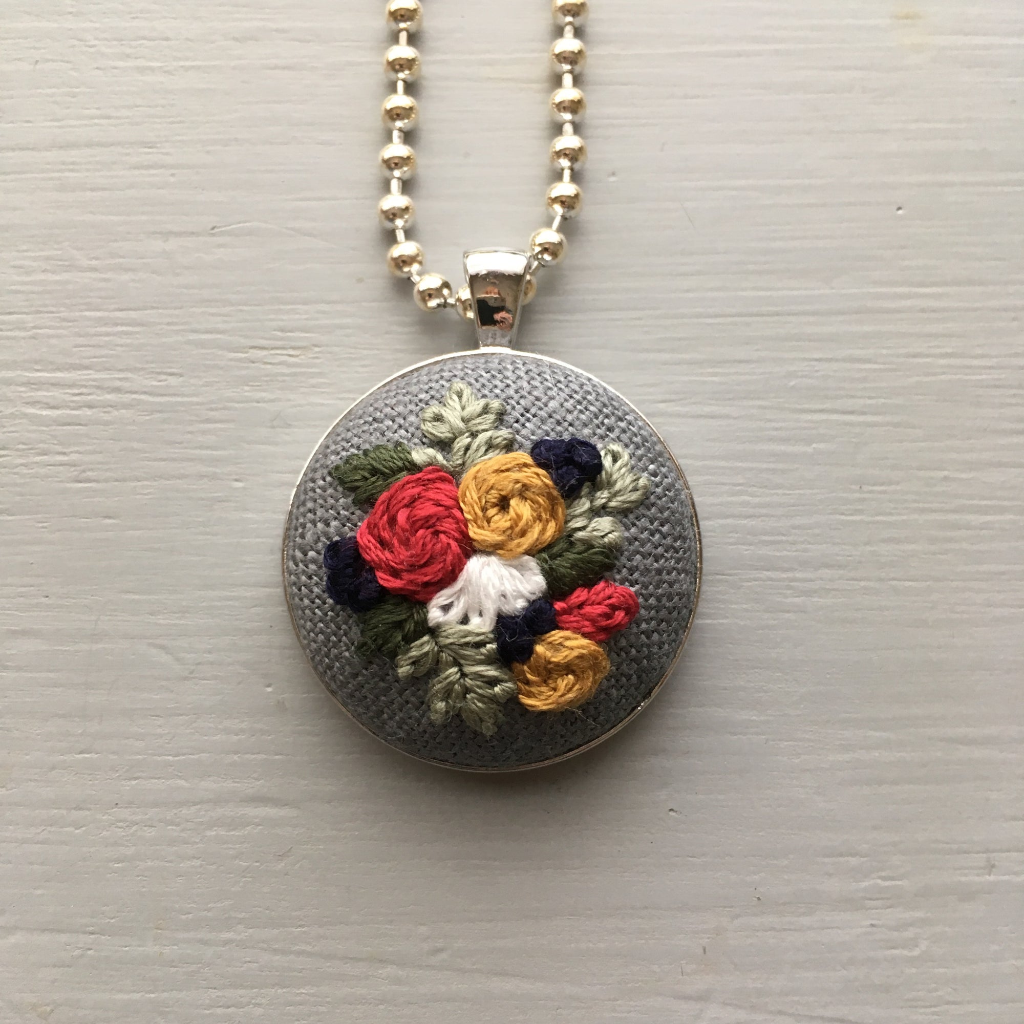 Grey Floral Embroidery Necklace