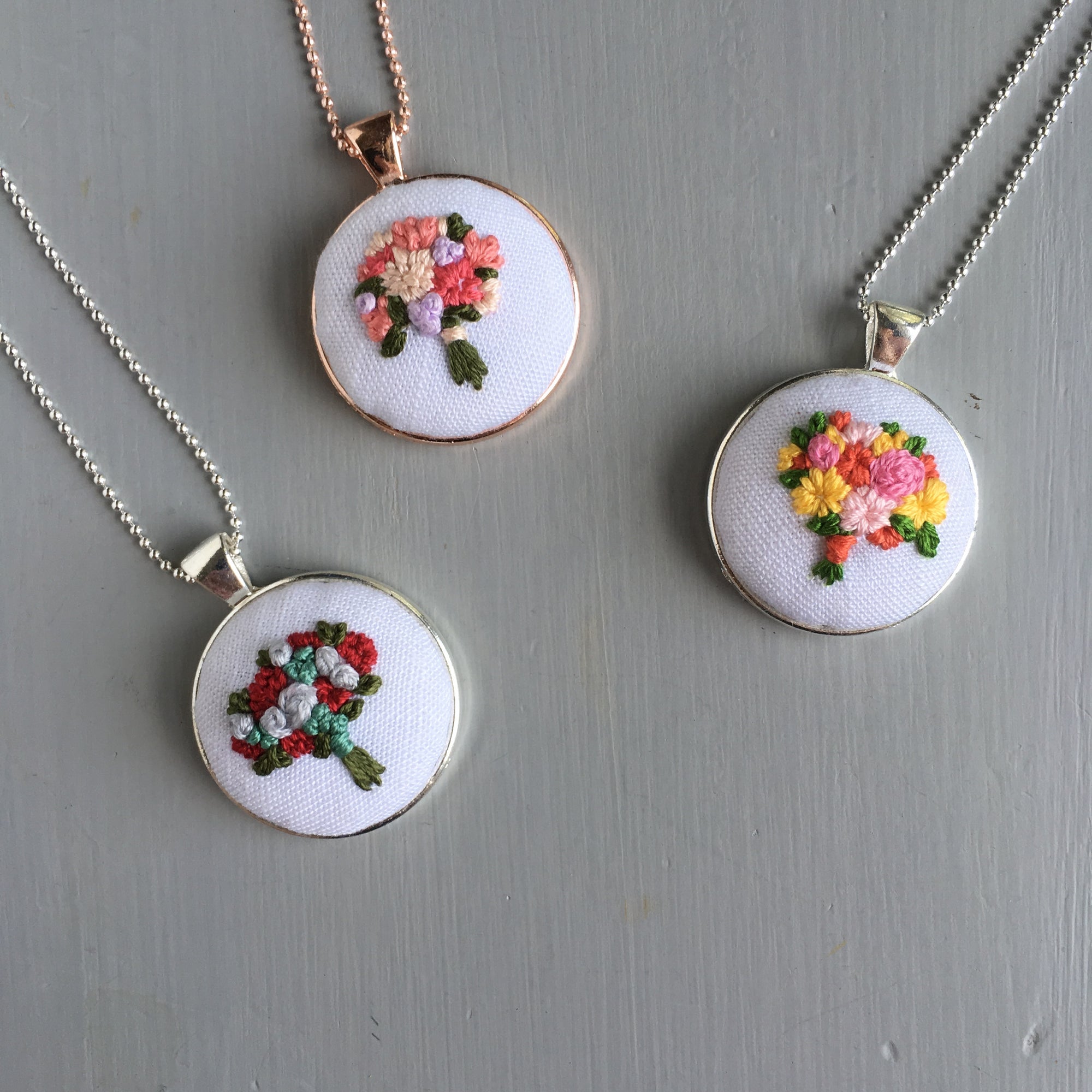 Flower Embroidery Necklace Embroidered Pendant Gift for Her 