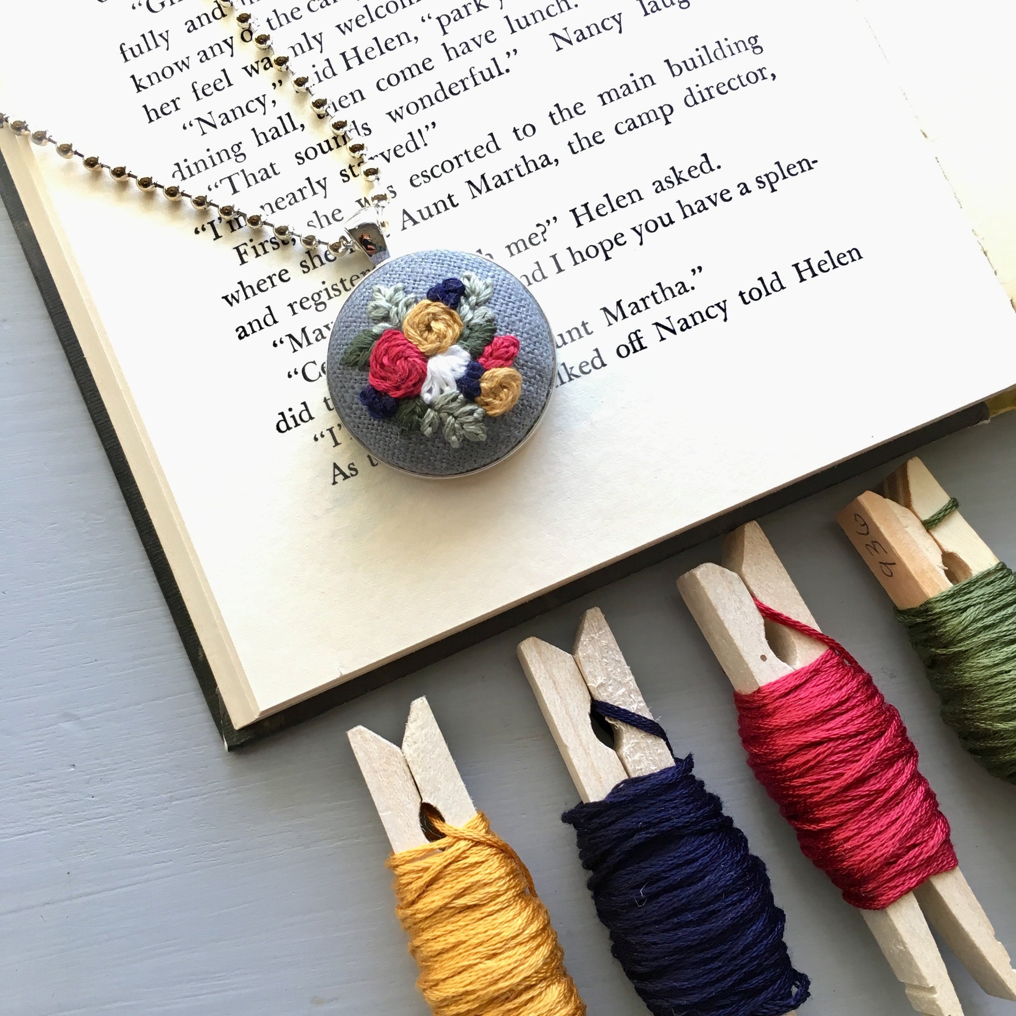 Grey Floral Embroidery Necklace