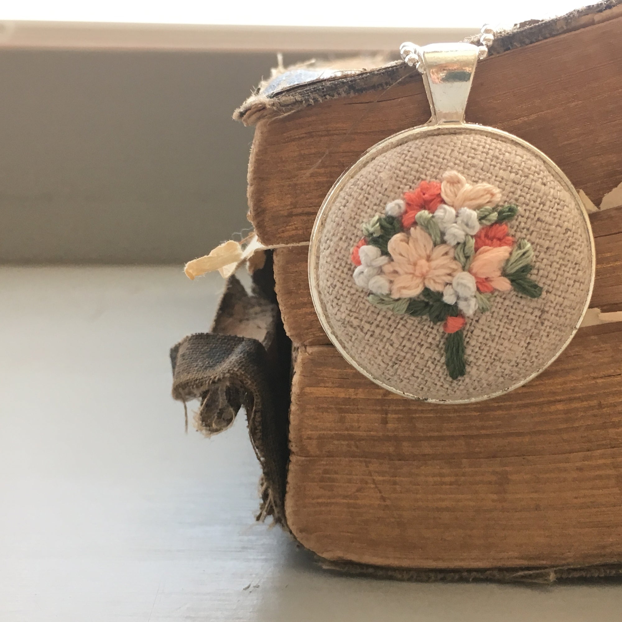 Coral and Peach Modern Romantic Embroidered Bouquet Necklace